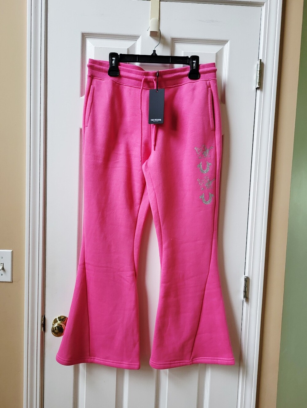 NWT True Religion Womens Alternating Twisted Flare Sweatpants Azalea Pink L